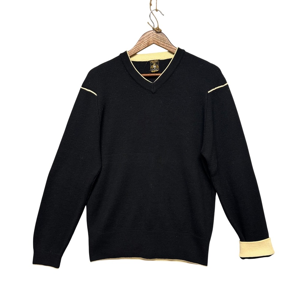 Vtg Mens Sz L V Neck‎ Pullover Sweater Black 100% Wool Ribbed Knit Contrast Cuff